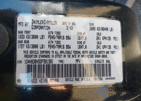 2003 Dodge Durango Sport/Sxt z USA, uszkodzony, nr VIN 1D4HS38N53F591591